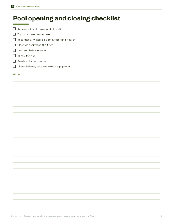 Preview of Pool Opening and Closing Checklist