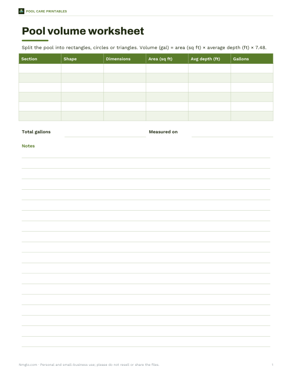 Preview of Printable Pool Volume Worksheet