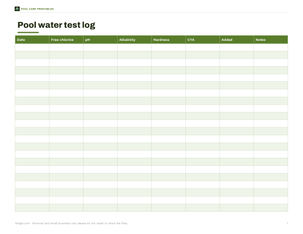 Preview of Printable Pool Water Test Log